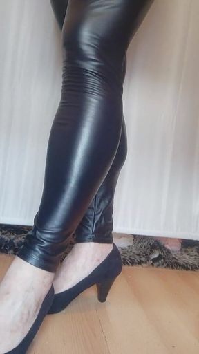 Black Faux Leather Leggings and High Heels