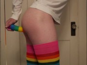 Rainbow - Cute femboy in rainbow socks toys with rainbow dildo