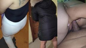 madura usando hilo rojo en leggins transparentes captada en la calle