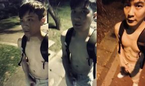 Walking naked getting a public handjob destroyed with cum right there