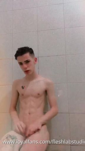 Tatted White Twink Spreads Pink Hole in Bathroom, Big Dick Dangling