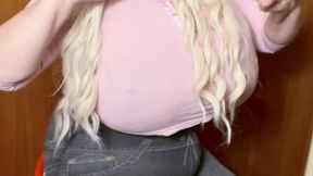 CupKCindy wearing a pink top and a tight jeans tit worship sexy lady German lady blonde lady