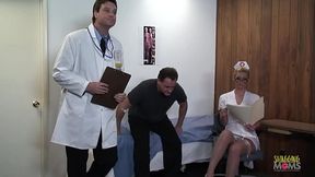 Naughty blonde nurse is feeling horny so she gives the handsome doctor a sloppy blowjob
