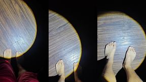 barefoot on hardwood floors — dirty soles in the dark, flashlight asmr