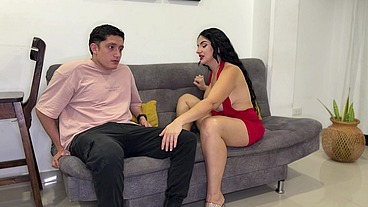 A gorgeous, horny MILF rides a big cock and uses her huge tits to teach her stepdaughter's perverted boyfriend a lesson