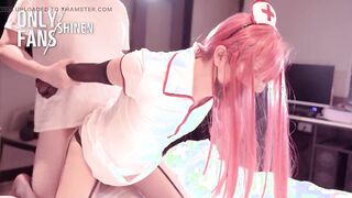 Manga Porn Cosplayer pecs rubdown from behind, Chainsaw Dude Makima Nurse, Chinese Anime Costume Play part.7