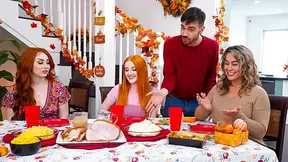 Thanksgiving dinner gets wild when redheads suck cock under the table then have a threesome on the couch