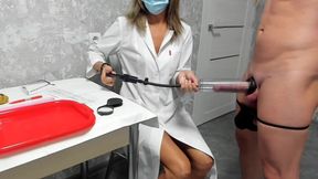 Slutty nurse jerks patient's cock after quick examination