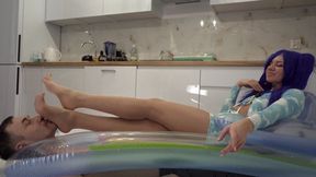Man Inside Of Mattress And Miku Relaxing On Him In Tan Pantyhose