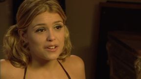 Sexy blonde sprayed in her mouth in threesome action