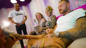 Tattooed women share BBC and white cock in wild group action