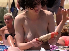 Beauty Brunette lass Topless Beach Voyeur Public Nude boobs