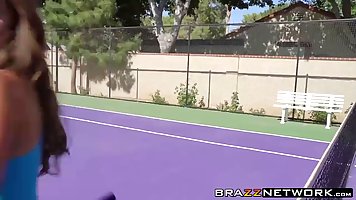 Diamond Jackson and Nikki Benz are taking turns sucking a younger guy's dick, in the backyard