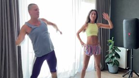 Stepdad fucks stepson and girlfriend after morning exercises