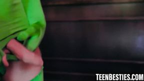 Costumed friends enjoy a messy four-way encounter with intense face fucking