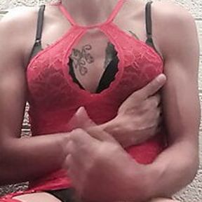 Cross dresser jacking off in red lingerie