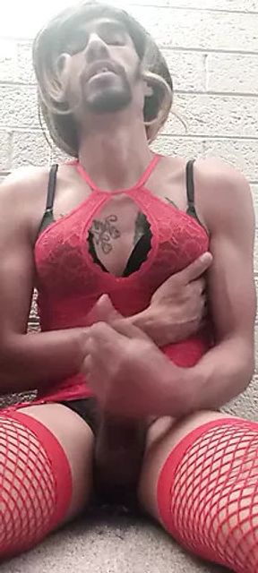 Cross dresser jacking off in red lingerie