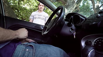 Nerd watches a guy jerk off in his car in public outdoors