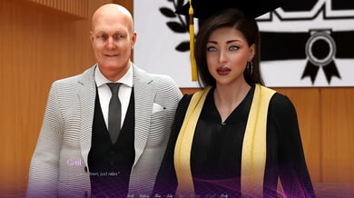 Animated office threesome between a graduate and two men in 3D fantasy style