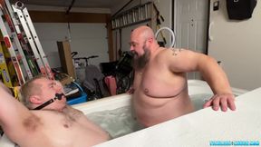 Chubby bear bound and gagged in the bathroom