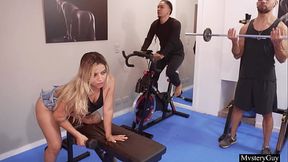Dirty Blonde with big tits gets into a naughty fantasy at gym with 3 guys (DPP and Bukakke)