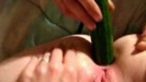 Hubby fucks my pink asshole and tight pussy with huge cucumber