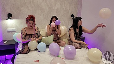 PUSSIES PARTY INFLATING BALLOONS BLOWING THEM UP IN FISHNETS