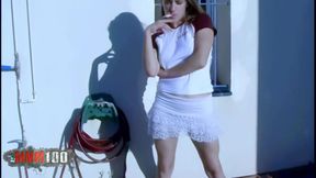 Val: Horny Blonde Val Doing a Hot Striptease on the Terrace