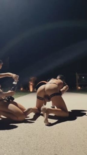 Teen Girl Hardcore Straps On Guy with Huge Dildo with moans on a leash Public Outdoors, Pegging