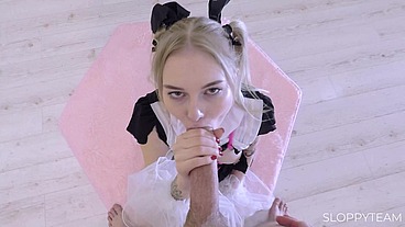 Insane Blowjob Big Cock Deep Throat Drool Sloppy Messy Pigtails Blonde