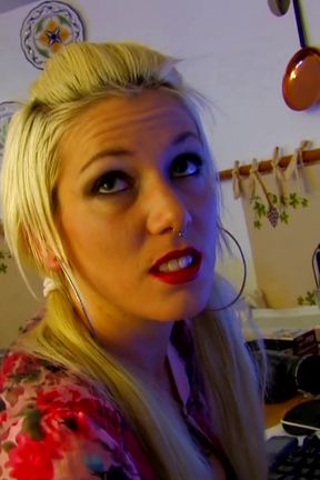 Blonde slut in a blue costume fucked in her pussy