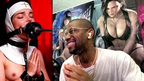 petite nun praying while a huge black dildo machine stuffs her mouth, ai generated