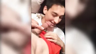 Amateur twink gives his first blowjob to a man