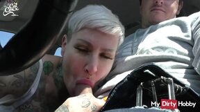 Tatted Tart Swallows Cum After A BJ In The Car - Free Porn Video