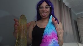 Indian stepsister humiliates 2 dildos and plays with both dildos then loves one more than the other and makes the dildo jealous then humiliates them and in the end cums in both of them in her mouth (JOI COSPLAY)