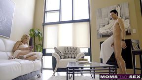 A blondie milf sees a full naked and big-cocked stranger in her house. She doen't think to escape from him, she is chasing him to jump on his big cock.