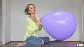 Sasha inflates a huge violet balloon (4K quality )