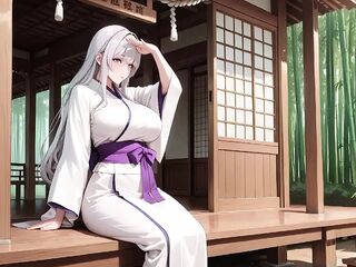 Silver-haired Miko Shrine Secrets! Half-unbuttoned White Kimono, Kneeling Positions and Intensive Eye Contact.