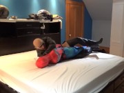 leather man facesits and cums on spiderman dummy