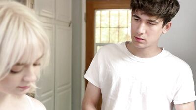 Teen blonde stepsister fucks her stepbrother and helps him in losing virginity