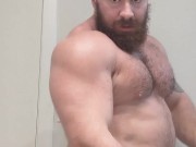 Bodybuilder Sweaty Naked Flex Before Shower. Beefy Big Hairy Musclebear Alpha Hung Cock Bull Cocky