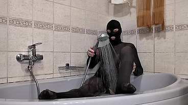 Sissy Slut Getting Ready For Halloween Trying Black Nylon Bodysuit