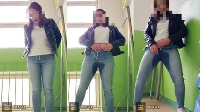 Teased raw in public jeans then pissed herself raw