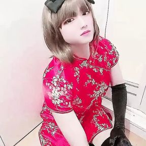 Japanese crossdresser Miya masturbates with Chinese red dress 8