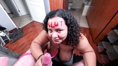 Degraded whore on a leash sucking my cock and jerking me off while barking