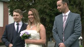 Brunette babe in wedding dress gets fucked hard