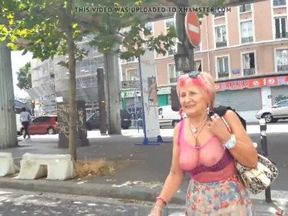 Sexy granny whith see thru top in public