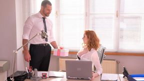 Cute redhead in black stockings Lenina Crowne nailed in the office