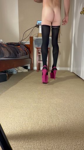 Pink Wig Sissy Slut Spreads in Heels and Stockings - Ass up Clitty Out