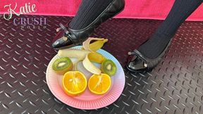 Food crush ASMR - Banana, kiwi & orange vs black ballet flats.